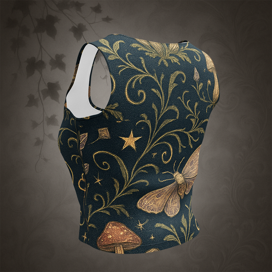 Tank top with gold floral and nature-themed design on a dark background