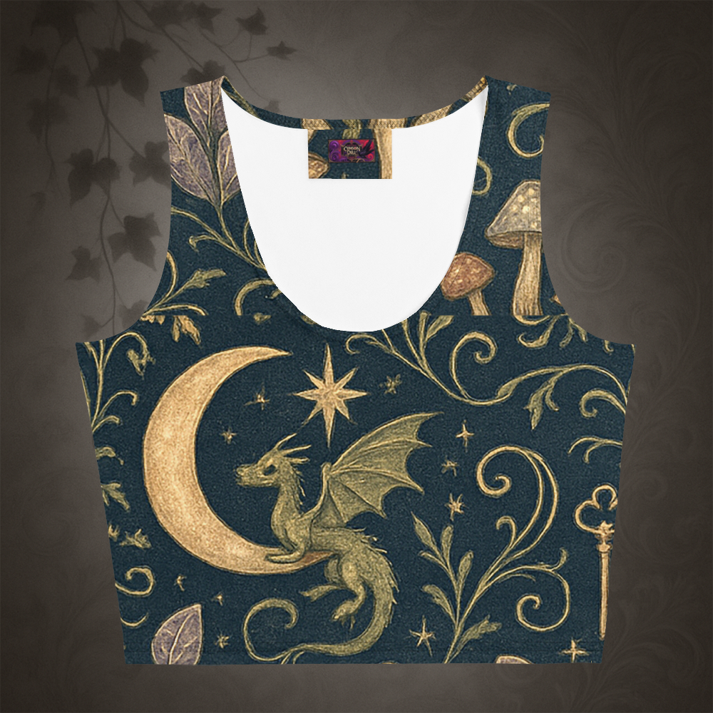 Crop top with dragon and moon design on a dark background