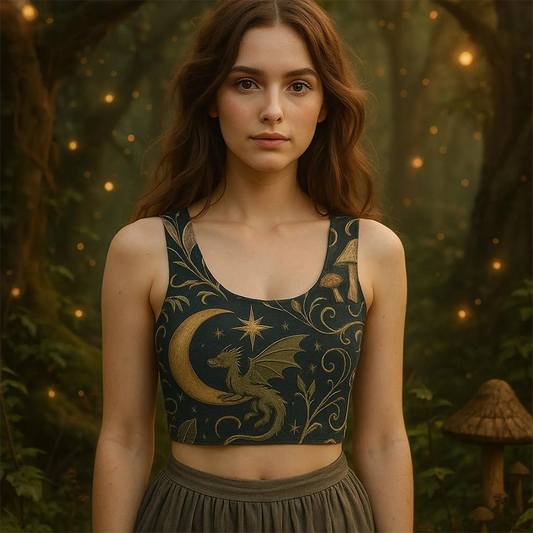 Woman wearing a dragon-themed top in a forest setting