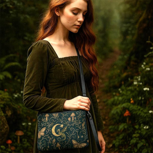 Woman holding a patterned bag in a forest setting