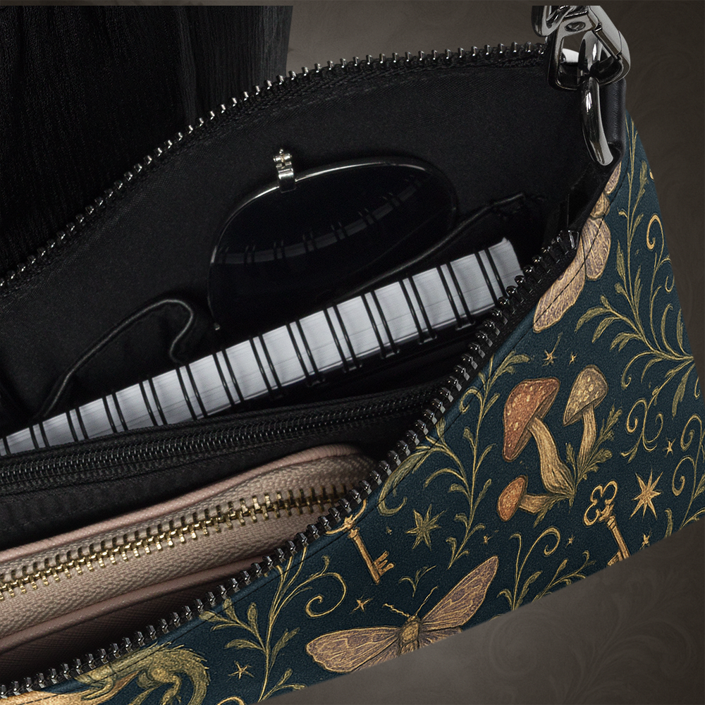 Close-up of a handbag with floral pattern and zipper, showing black interior.