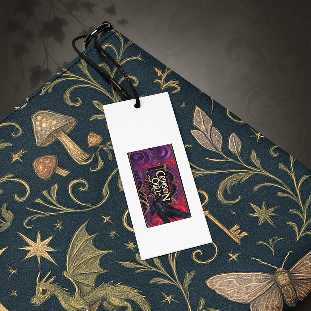 Decorative notebook with fantasy-themed design and a tag featuring a colorful logo.
