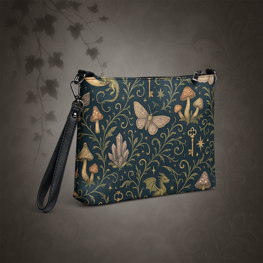 Patterned pouch with mushrooms, butterflies, and keys on a dark background