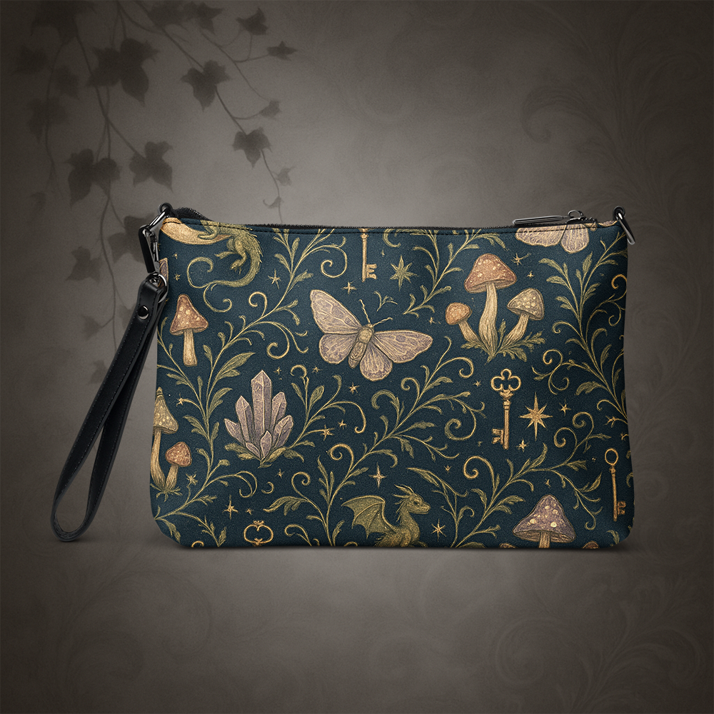 Patterned pouch with mushrooms, butterflies, and keys on a dark background