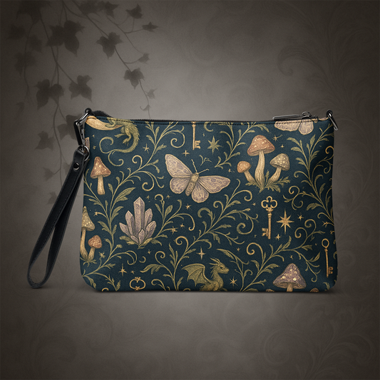 Patterned pouch with mushrooms, butterflies, and keys on a dark background