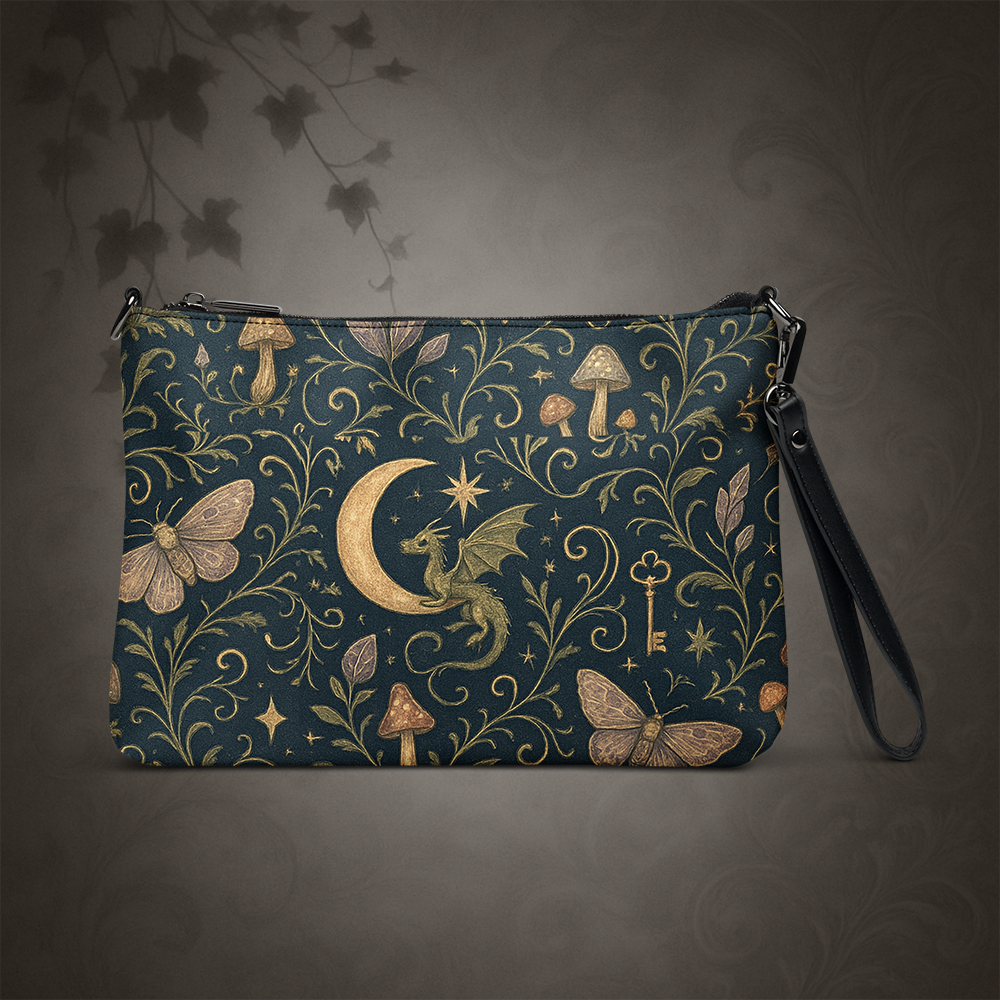 Patterned pouch with dragon, moon, and nature design on a dark background