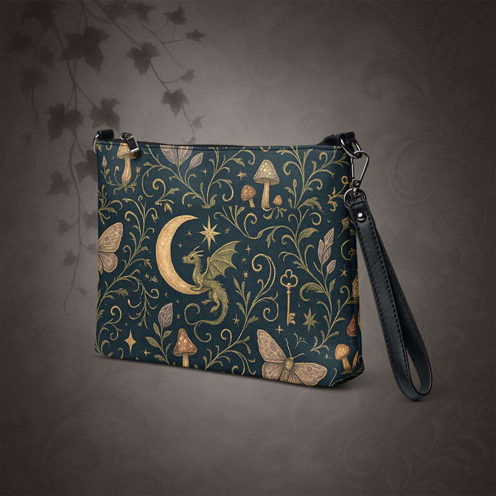 Handbag with fantasy design featuring dragons, moons, and plants on a dark background