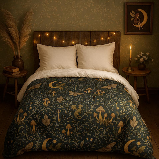 Bed with decorative bedding featuring nature-themed patterns in a cozy bedroom setting.