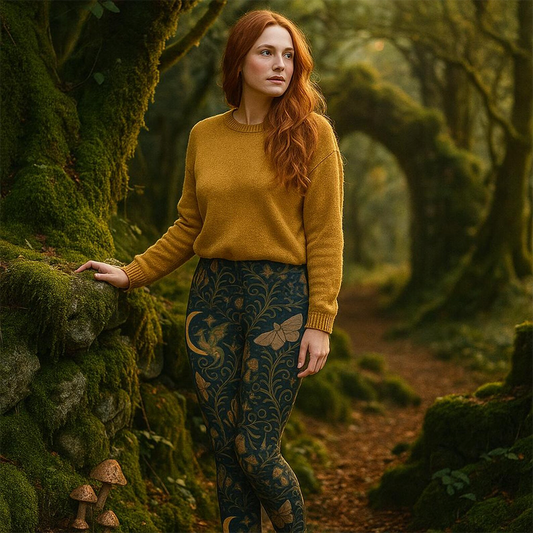 Woman in a yellow sweater and patterned pants standing in a mystical forest setting.