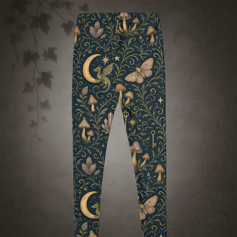 Leggings with nature-themed design featuring mushrooms, butterflies, and moons on a dark background.