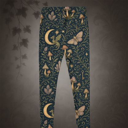 Leggings with nature-themed design featuring mushrooms, butterflies, and moons on a dark background.