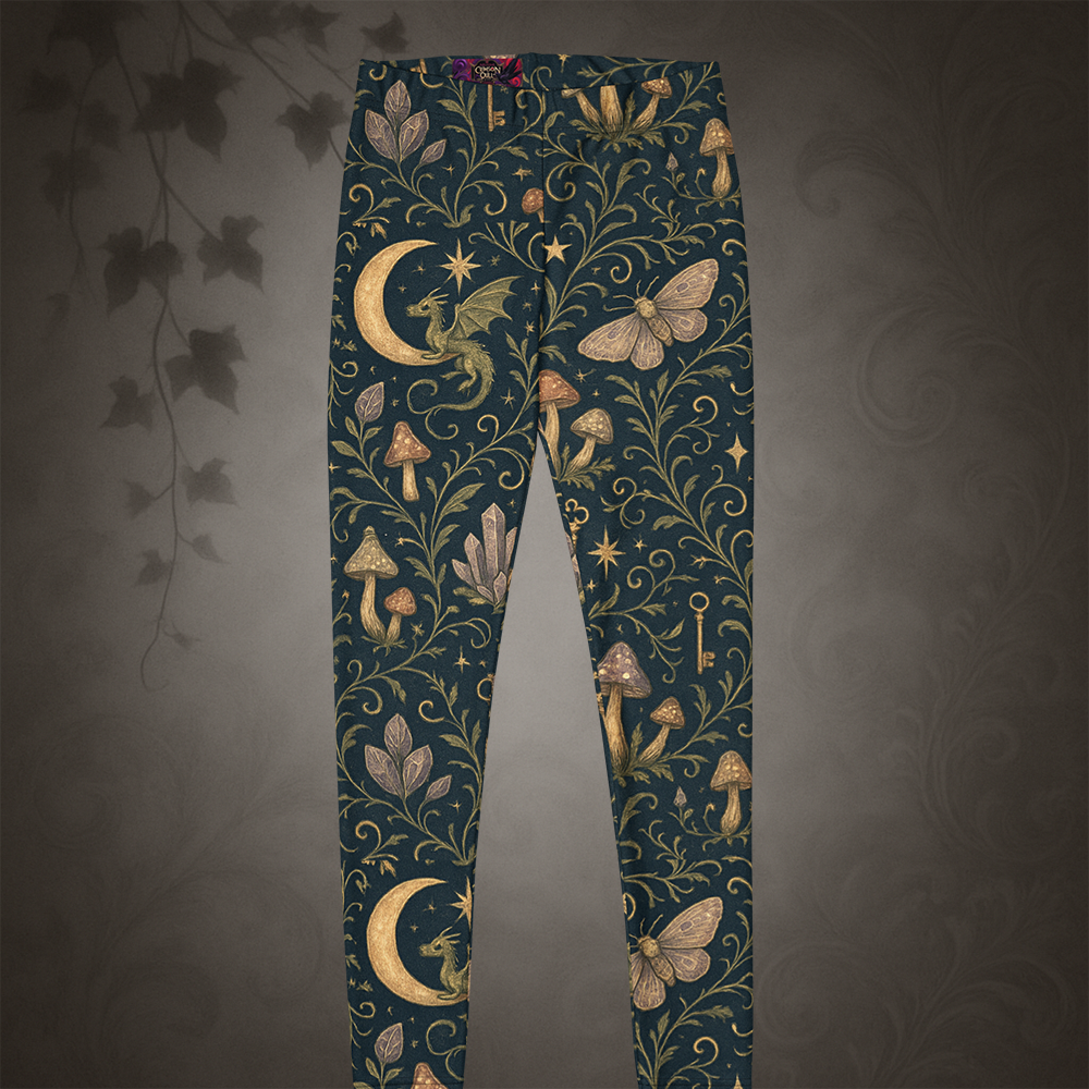Dark green leggings with fantasy-themed pattern on a dark background