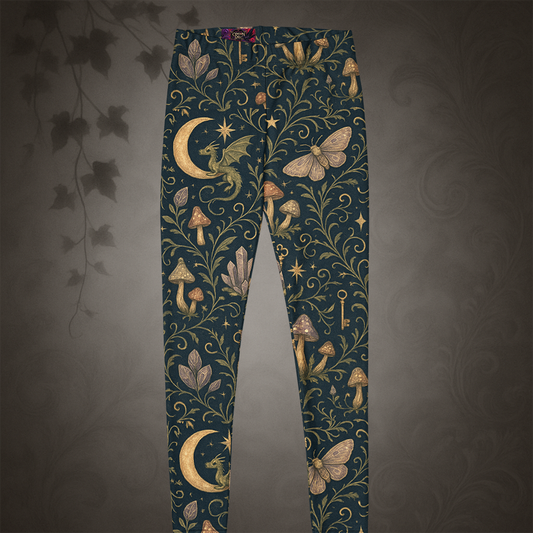Dark green leggings with fantasy-themed pattern on a dark background