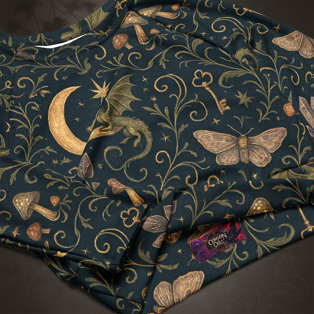 Dark fabric with gold and green fantasy-themed pattern featuring dragons, keys, and mushrooms.