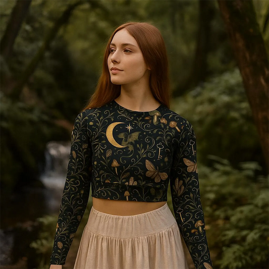 Woman wearing a black long-sleeve top with nature-themed design in a forest setting
