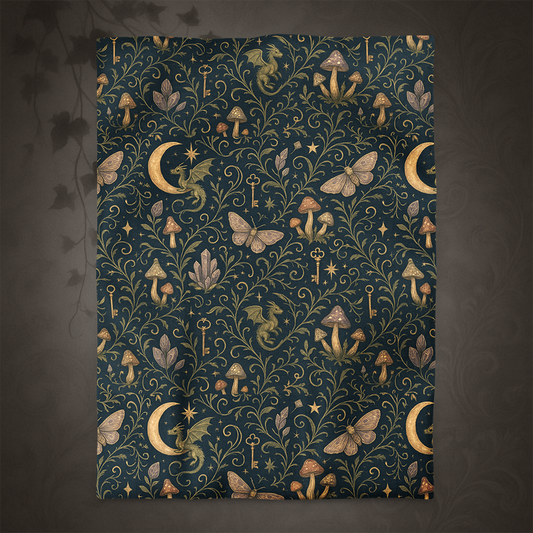 Festive duvet cover with dragon, mushroom, and butterfly pattern on a dark background