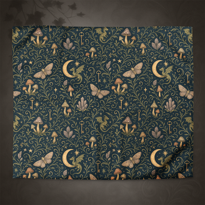 Folksy pattern duvet cover with mushrooms, dragons, and keys on a dark blue background