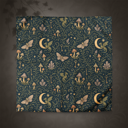 Fantasy pattern duvet cover with dragons, mushrooms, and keys on a dark blue background