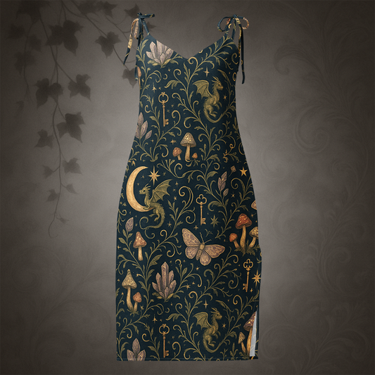 Dark blue dress with intricate gold and beige patterns on a gray background