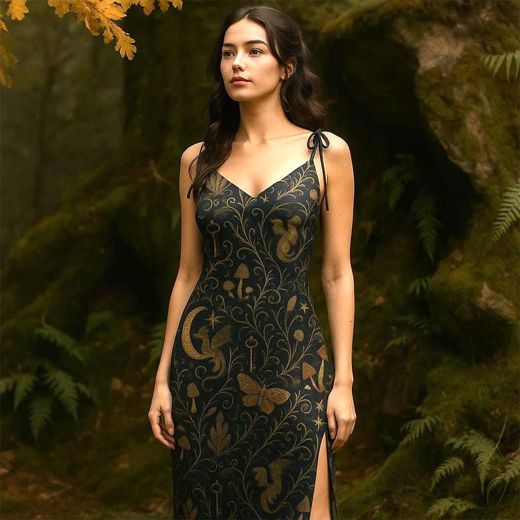 Woman wearing a dark floral dress standing in a forest setting
