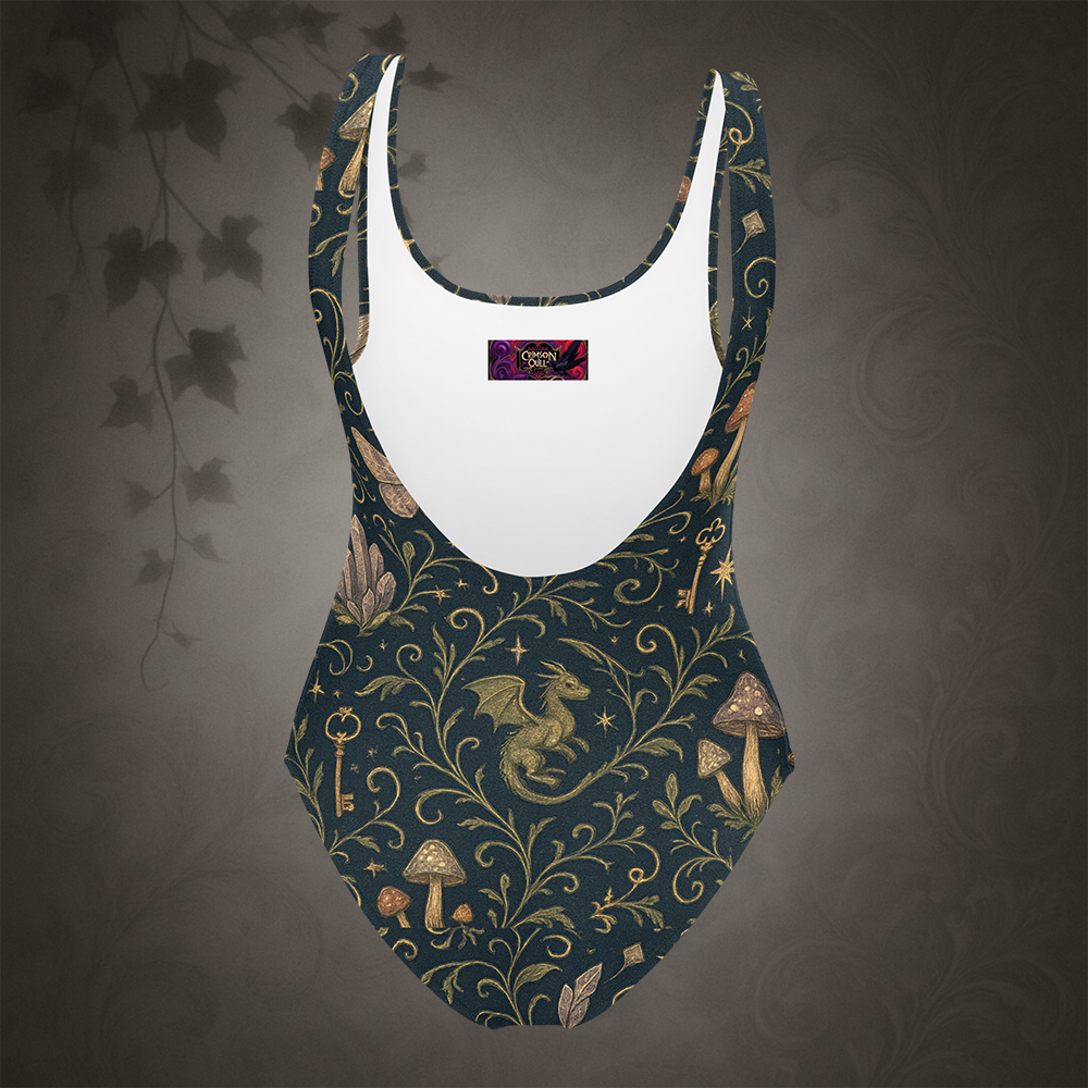 One-piece swimsuit with fantasy pattern on a dark background