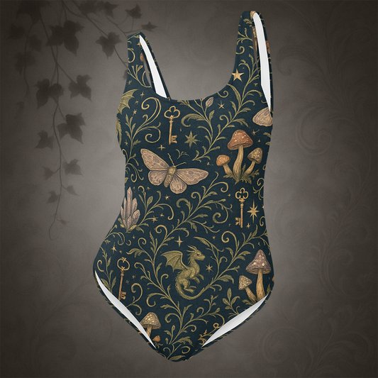 One-piece swimsuit with fantasy-themed design on a dark background