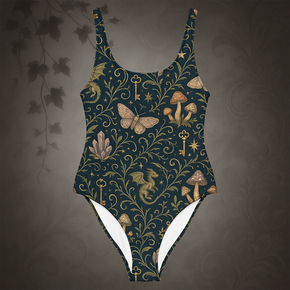 One-piece swimsuit with fantasy-themed pattern on a dark background