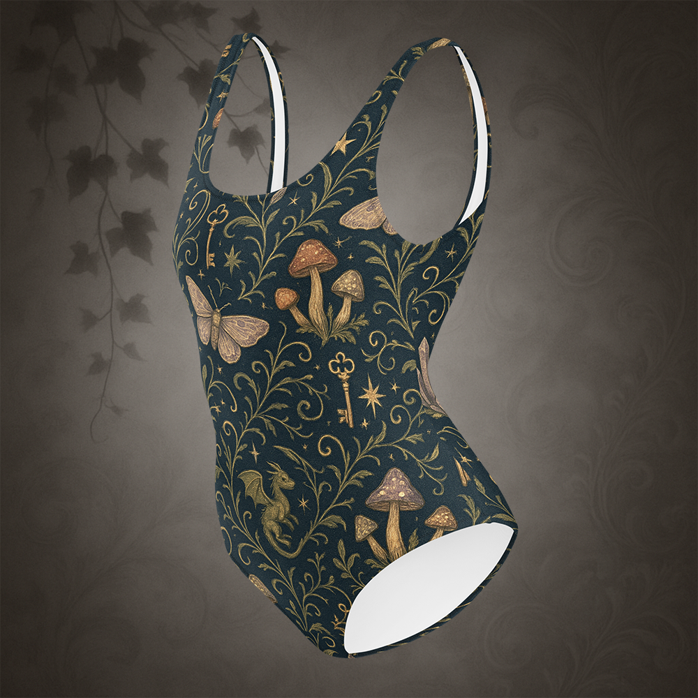One-piece swimsuit with fantasy-themed pattern on a dark background