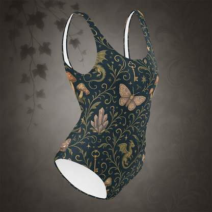 One-piece swimsuit with intricate floral and butterfly pattern on a dark background