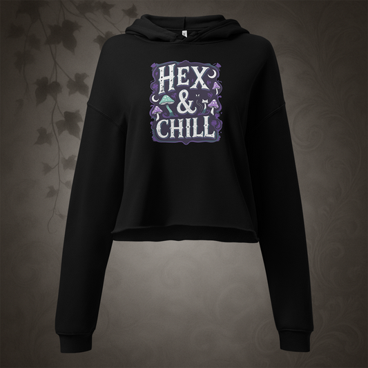 Black hoodie with 'Hex & Chill' text on a textured brown background