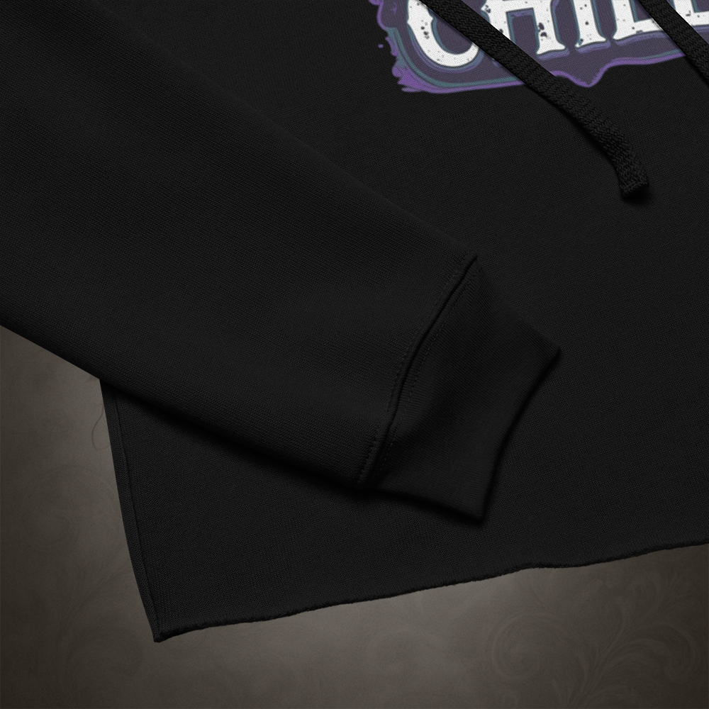 Black hoodie with a logo on the chest against a dark background