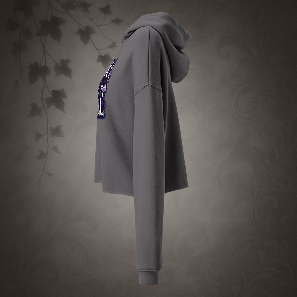 Gray hoodie with a graphic on the front against a dark, textured background