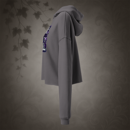 Gray hoodie with a graphic on the front against a dark, textured background