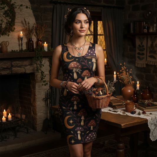 Woman in a patterned dress holding a basket in a rustic room with candles and decor.