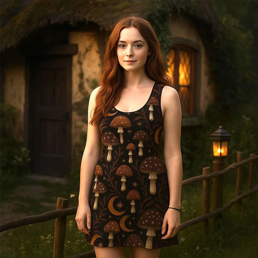 Woman wearing a dress with mushroom pattern in a rustic outdoor setting