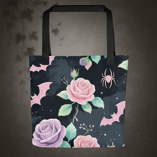 Pastel Goth Bat and Rose Tote Bag
