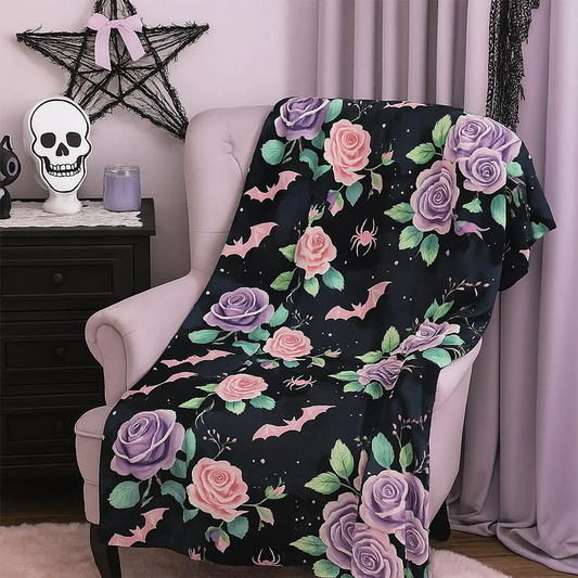 Pastel Goth Bat and Rose Throw Blanket