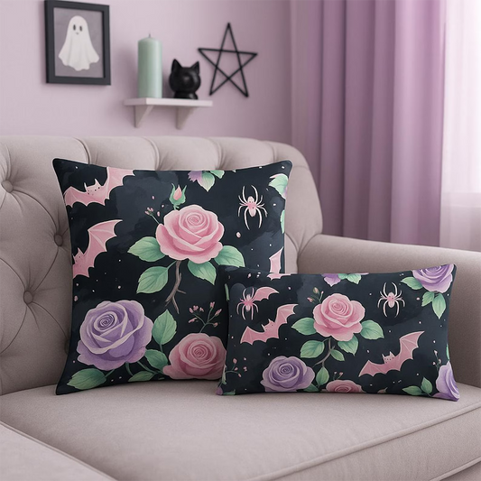 Pastel Goth Bat and Rose Throw Pillow