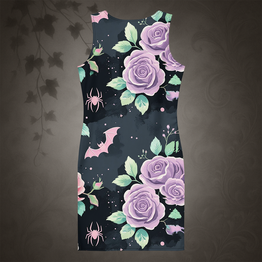 Pastel Goth Bat and Rose Bodycon Dress