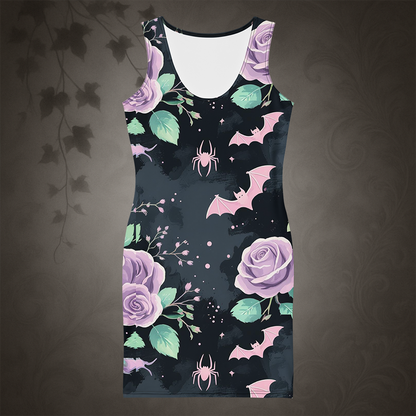 Pastel Goth Bat and Rose Bodycon Dress