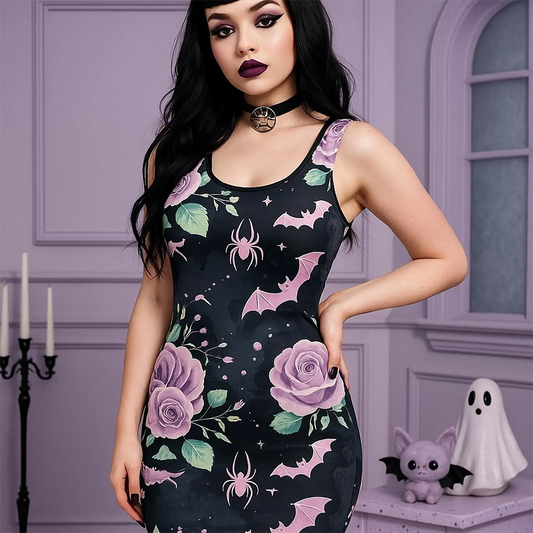 Pastel Goth Bat and Rose Bodycon Dress