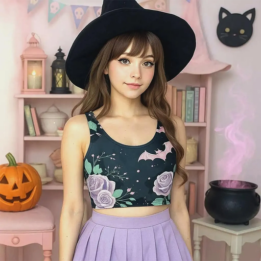 Pastel Goth Bat and Rose Crop Top