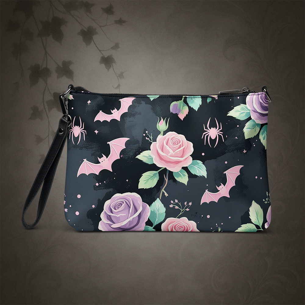 Pastel Goth Bat and Rose Crossbody Bag