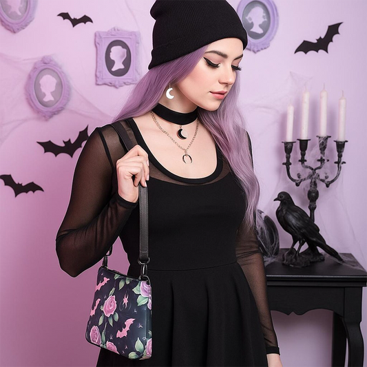Pastel Goth Bat and Rose Crossbody Bag