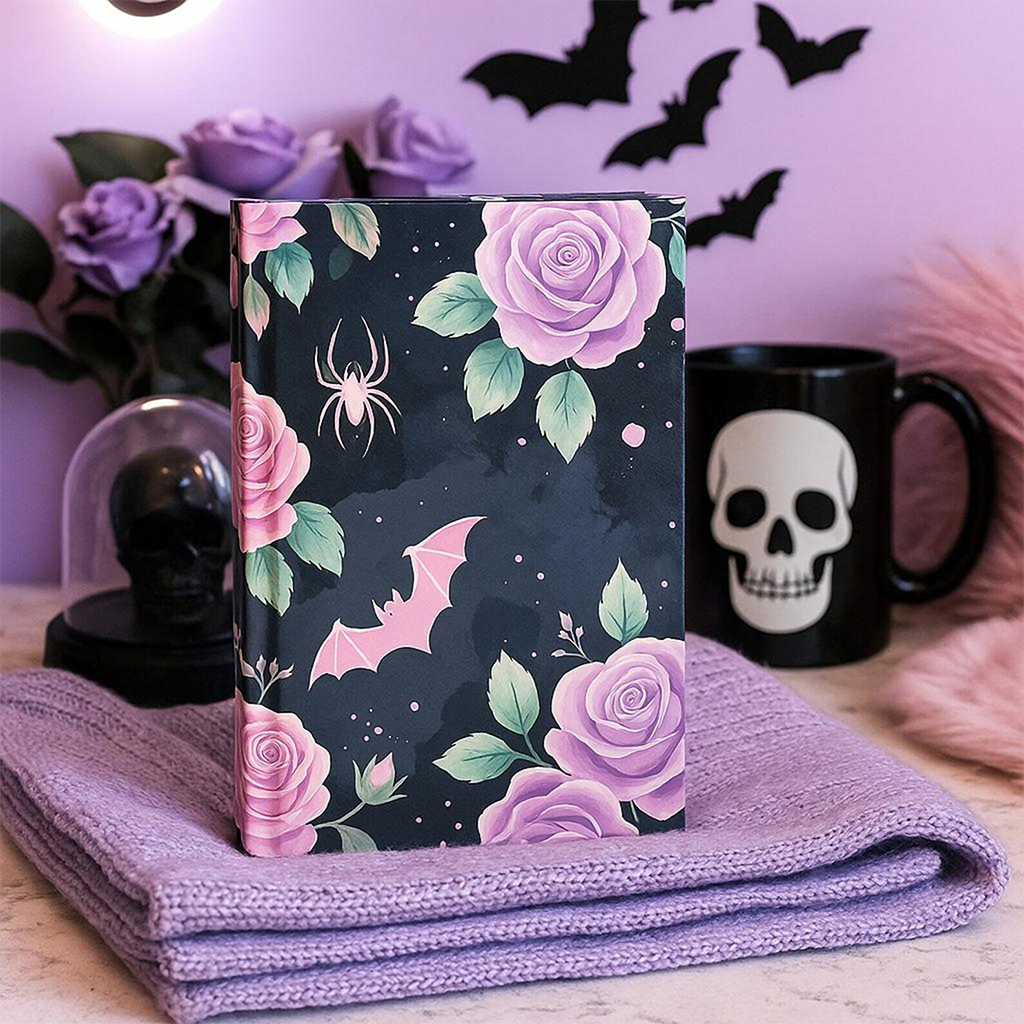 Notebook with floral design on a purple blanket, with a skull and bat mug in the background.