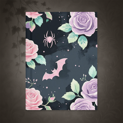 Notebook cover with pink roses, a purple spider, and a pink bat on a dark background