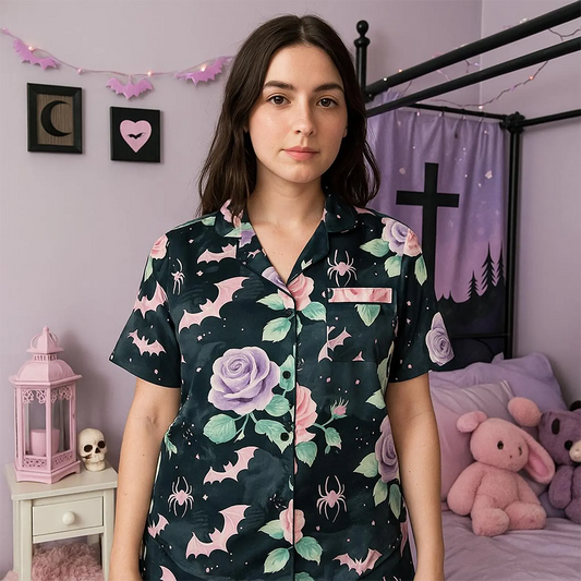 Pastel Goth Bat and Rose Pajama Top