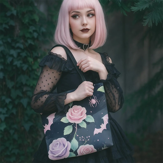 Pastel Goth Bat and Rose Tote Bag